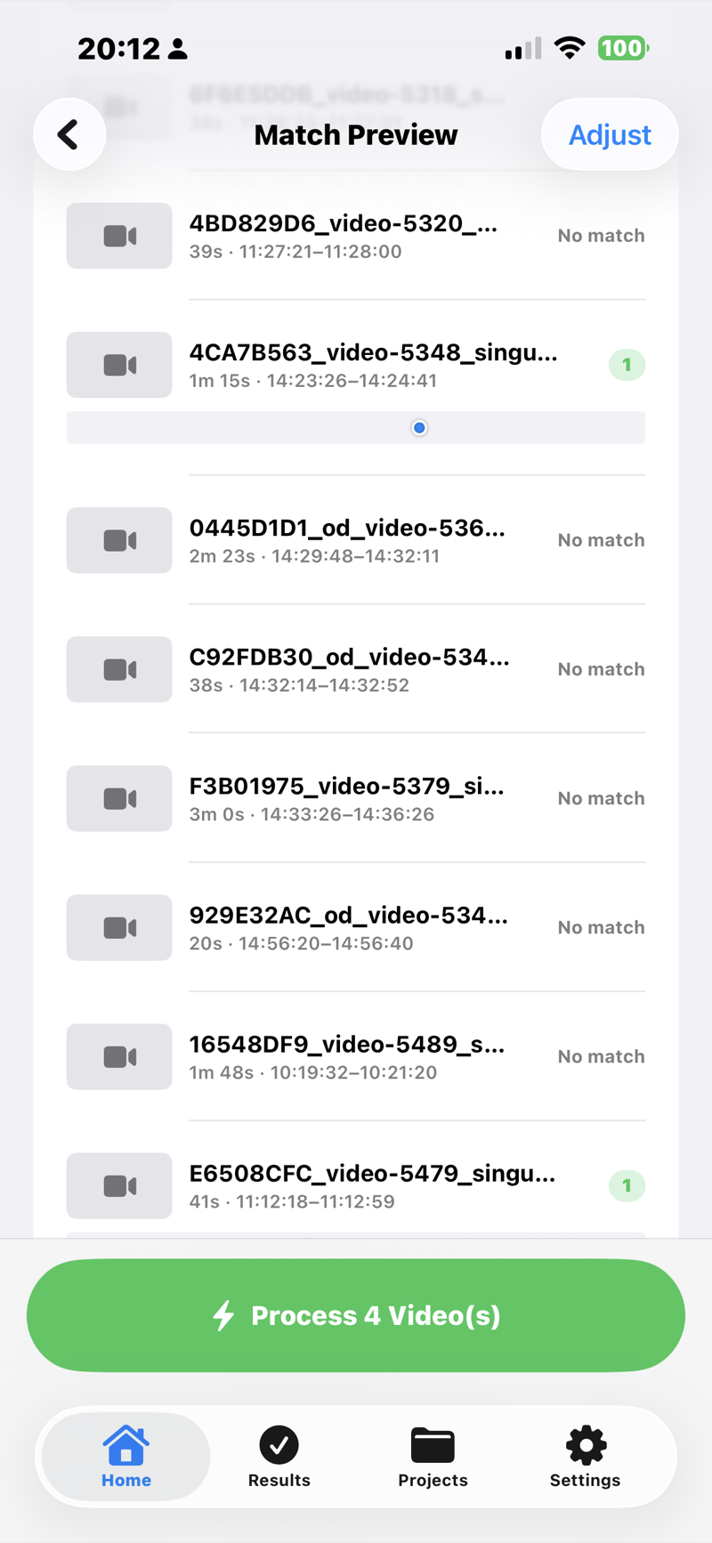 POV Syncer Match Preview screen listing videos with the photos automatically matched to each one