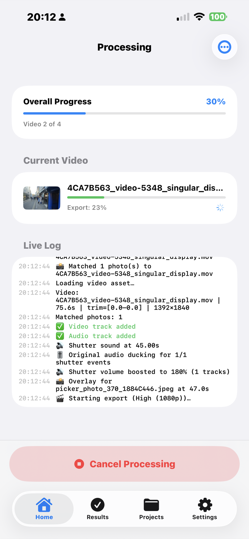 POV Syncer processing screen showing render progress and a live log