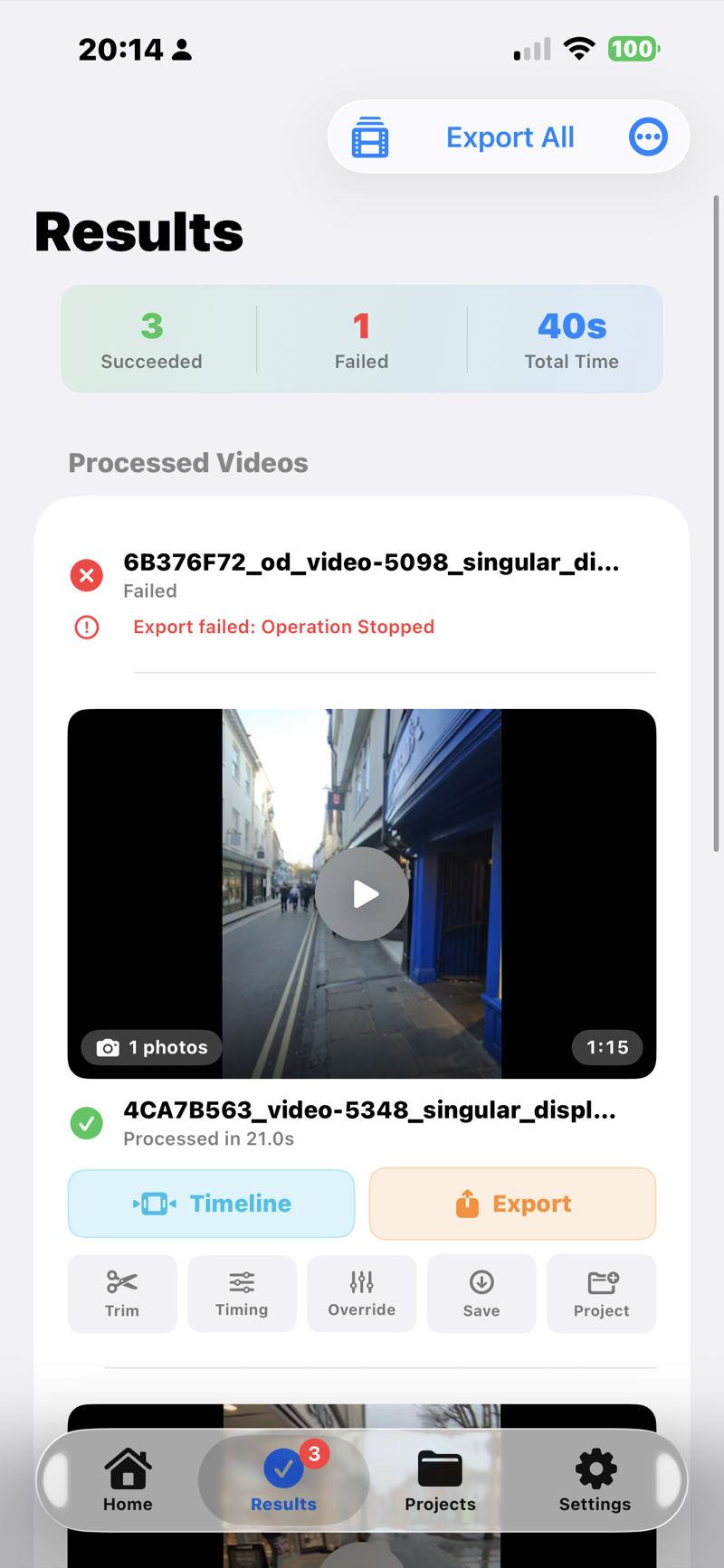 Results screen with a single rendered video card showing thumbnail, filename, duration, and Save and Share buttons.