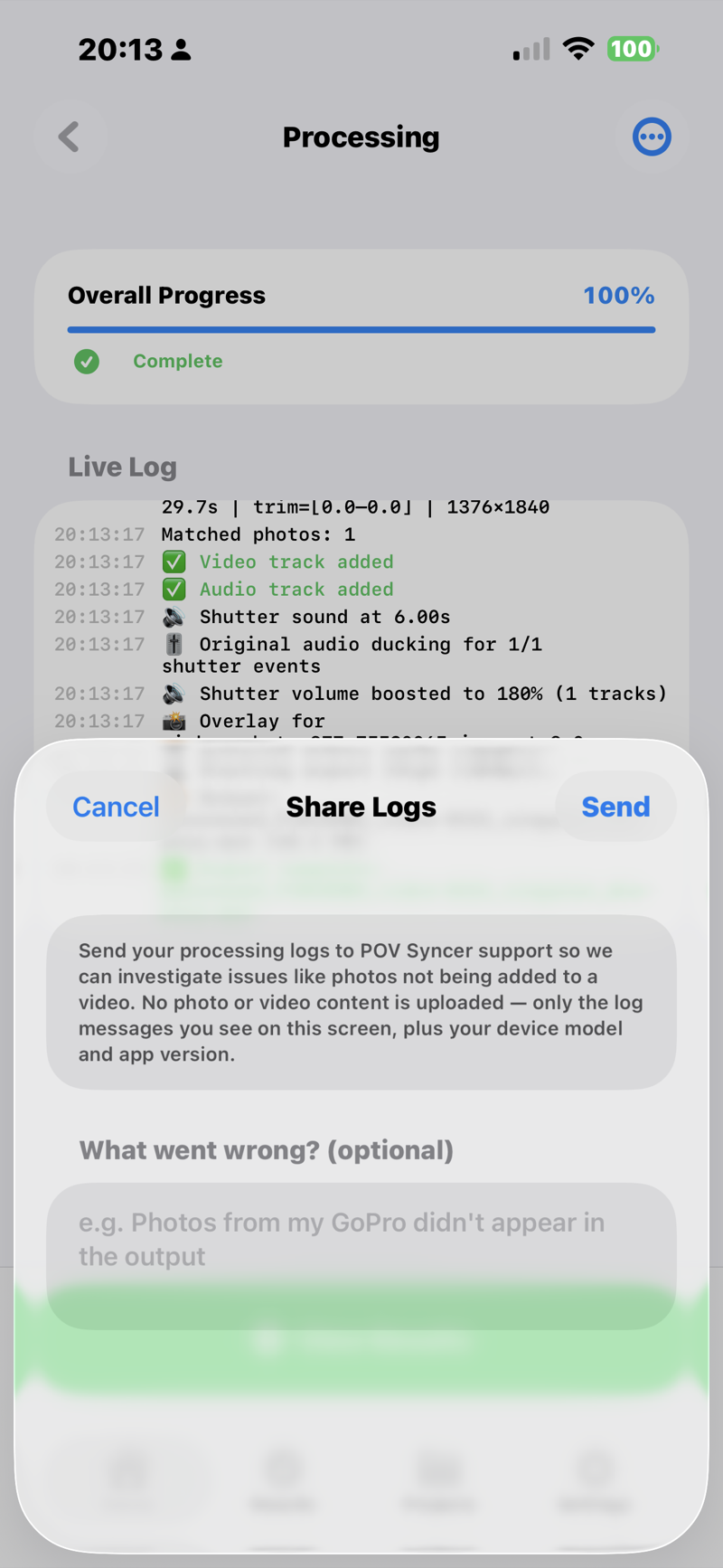 Share Logs sheet with a note field and a Send button.