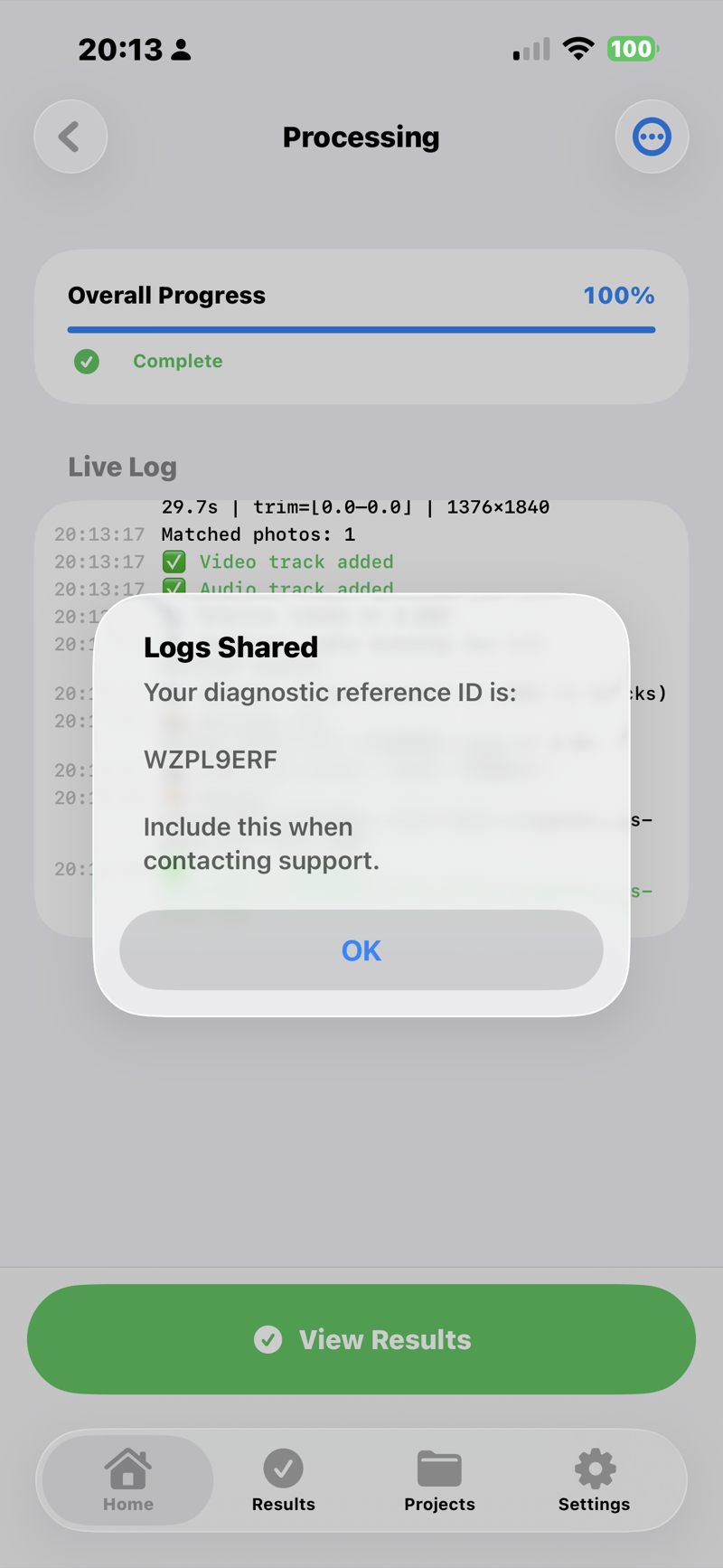 Alert showing 'Logs Sent — Reference ID: AMQO64OQ'.